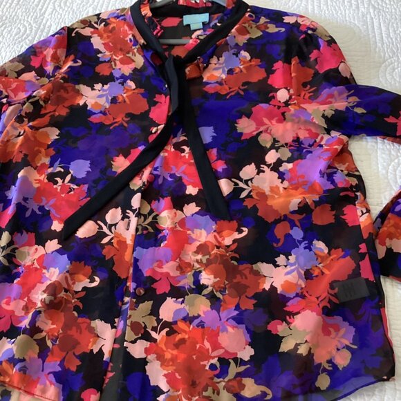 CeCe By Cynthia Steffe Floral Top Blouse Size L Multicolor With Tie Neck - Picture 8 of 11